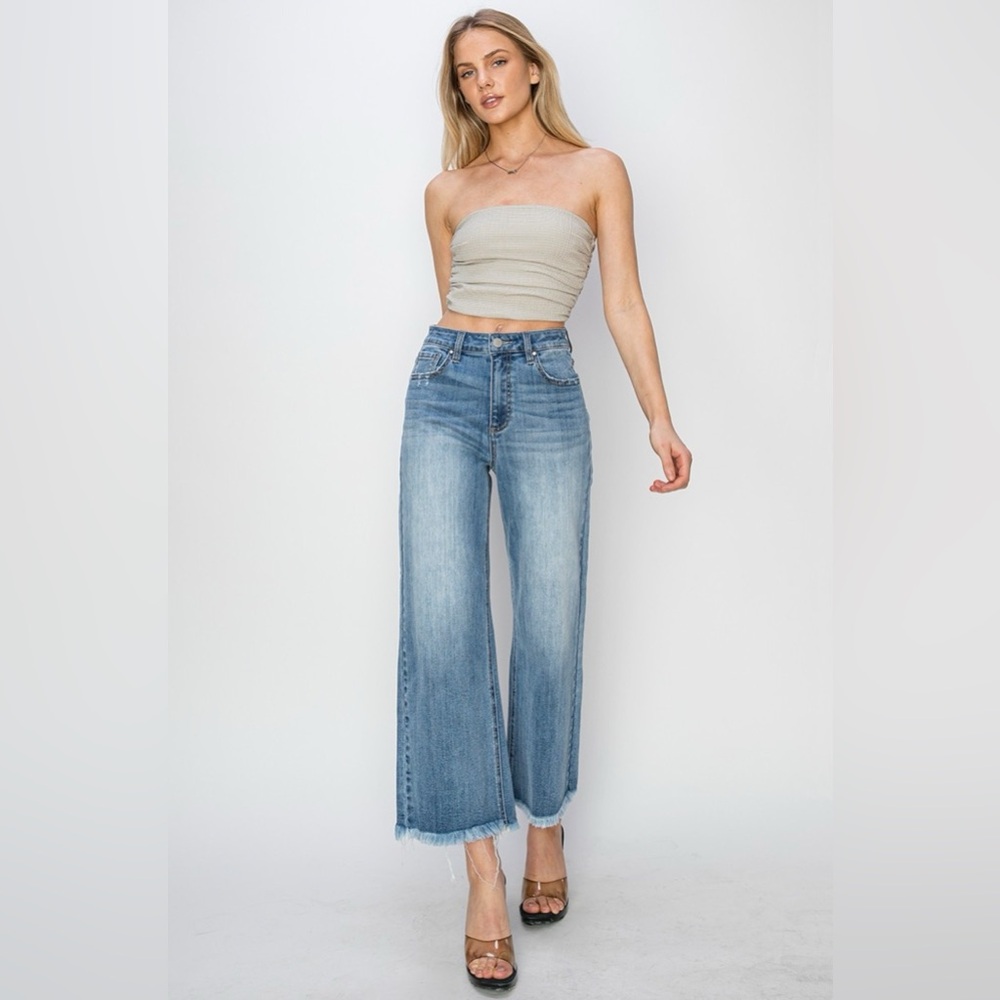 RISEN Raw Hem Cropped Wide Leg Jeans